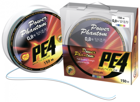 Шнур Power Phantom PE4, 150м, 5 цветов #0,4, 0,1мм, 5,4кг